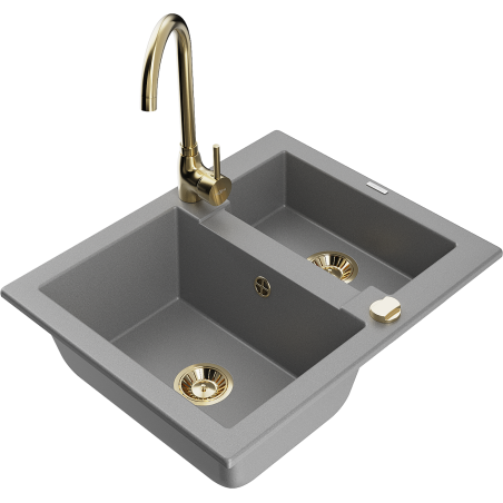 Mexen Carlos гранитна кухненска мивка с 1,5 камери и смесител Telma, сив