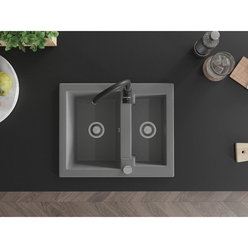 Mexen Carlos гранитна мивка 1,5-компонентна с кухненски смесител Telma, сива - 6518-71-670200-70