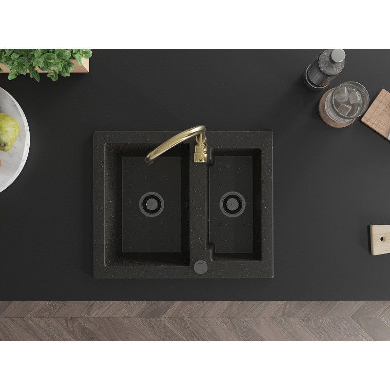 Mexen Carlos гранитна мивка 1,5 камери с кухненски смесител Telma, черен/златен металик - 6518-75-670200-50-B