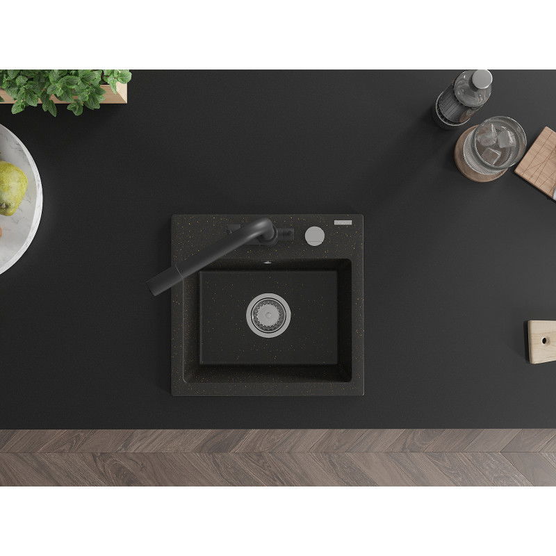 Mexen Milo кухненска мивка от гранит с 1 отделение и с кухненски смесител Duero, черен/златен металик - 6505-75-671600-70