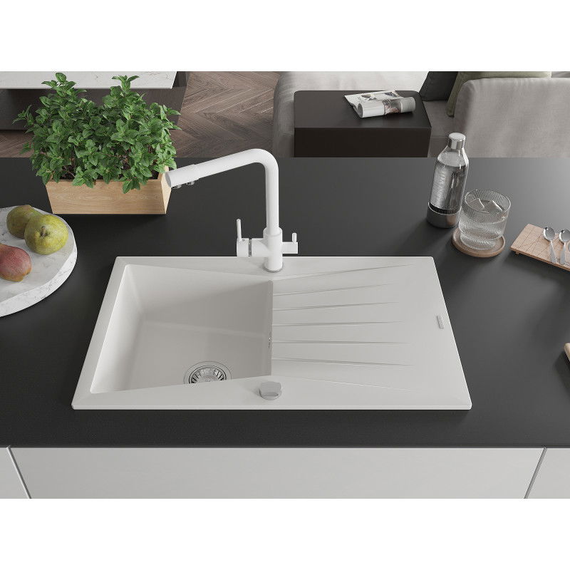Mexen Cesar гранитна мивка с 1 камера с отцедник и кухненски смесител Duero, бял - 6514-20-671600-20