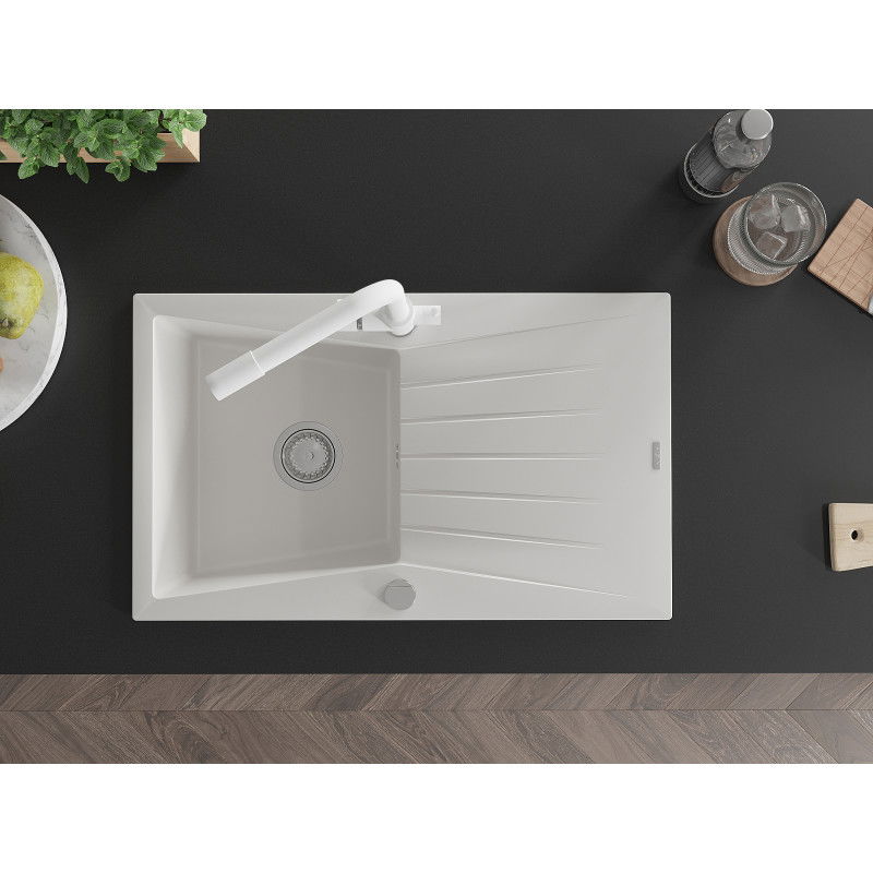 Mexen Cesar гранитна мивка с 1 камера с отцедник и кухненски смесител Duero, бял - 6514-20-671600-20