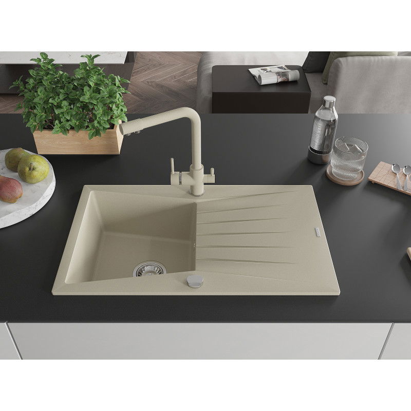 Mexen Cesar гранитна мивка с 1 камера с отцедник и кухненски смесител Duero, бежов - 6514-69-671600-69