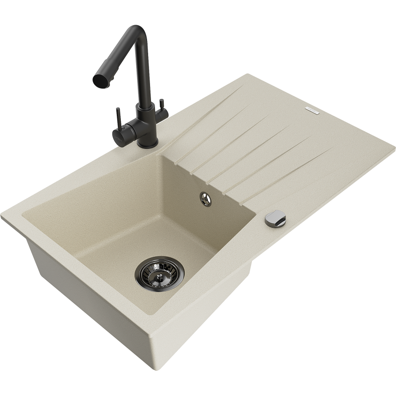 Mexen Cesar гранитна мивка с 1 отделение и отцедник и кухненски смесител Duero, бежов - 6514-69-671600-70