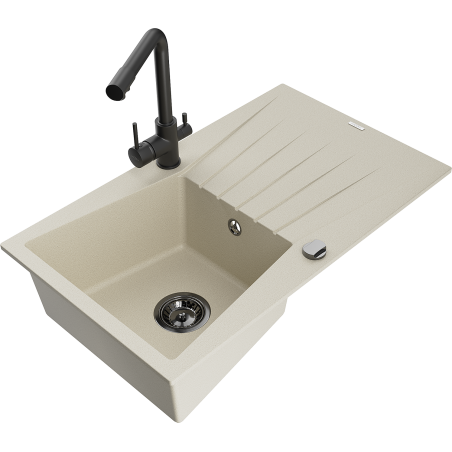 Mexen Cesar гранитна мивка с 1 отделение и отцедник и кухненски смесител Duero, бежов - 6514-69-671600-70