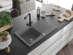 Mexen Cesar гранитна мивка с 1 отделение с дренаж и кухненски смесител Duero, сив - 6514-71-671600-70