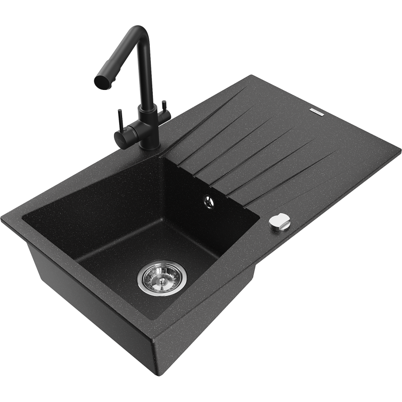 Mexen Cesar гранитна мивка с 1 отделение с отцедник и кухненски смесител Duero, черно/сребърен металик - 6514-73-671600-70