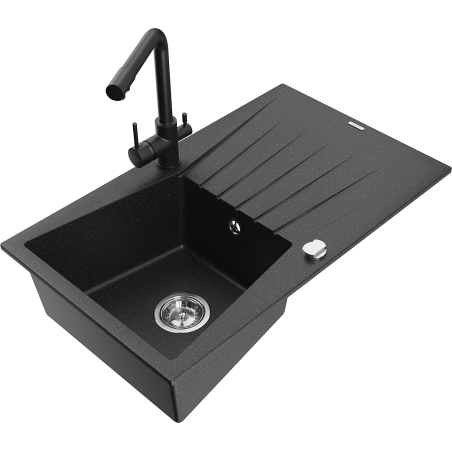 Mexen Cesar гранитна мивка с 1 отделение с отцедник и кухненски смесител Duero, черно/сребърен металик - 6514-73-671600-70