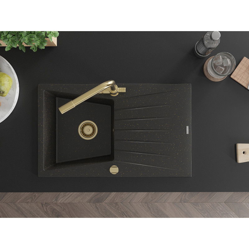 Mexen Cesar гранитна мивка с 1 отделение и отцедник и кухненски смесител Duero, черно/златен металик - 6514-75-671600-50