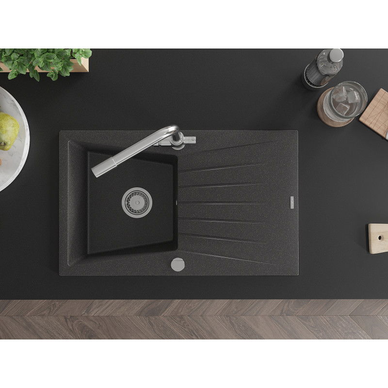 Mexen Cesar мивка от гранит 1-камерна с отцедник и кухненски смесител Duero, черен на пръски - 6514-76-671600-00