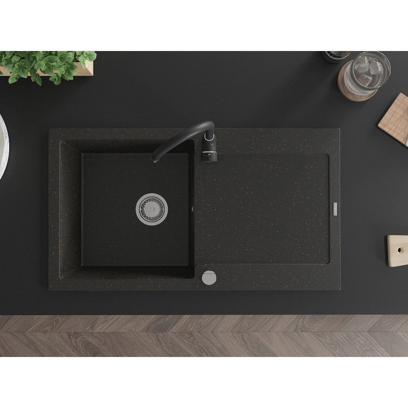 Mexen Leo мивка от гранит с 1 камера и отцедник и кухненски смесител Telma, черен/златен металиk - 6501-75-670200-70