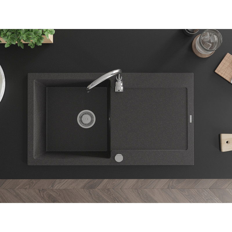Mexen Leo гранитна кухненска мивка с 1 отделение и отцедник с кухненски смесител Telma, черен на пръски - 6501-76-670200-00