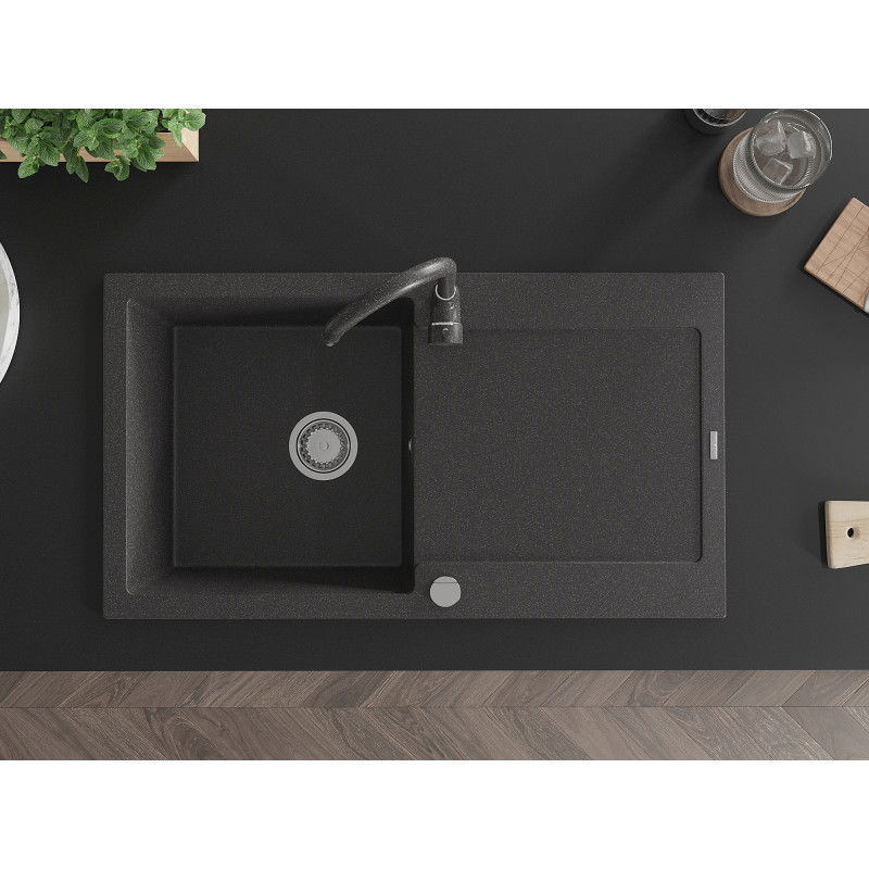 Mexen Leo еднокамерен гранитен мивка с отцедник и кухненски смесител Telma, черен петнист - 6501-76-670200-76