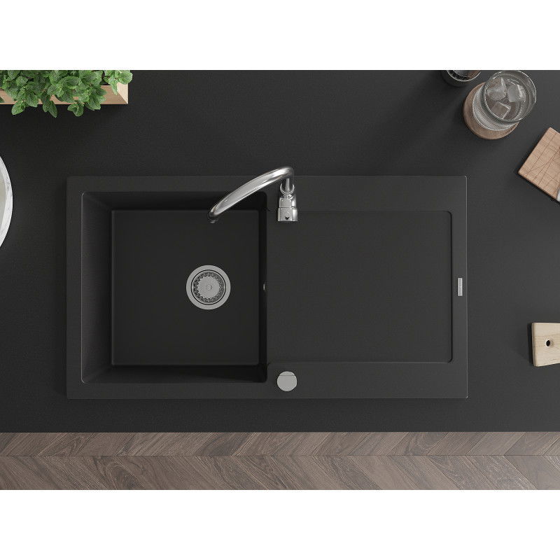 Mexen Leo гранитна кухненска мивка с 1 отделение, с отцедник и кухненски смесител Telma, черен - 6501-77-670200-00