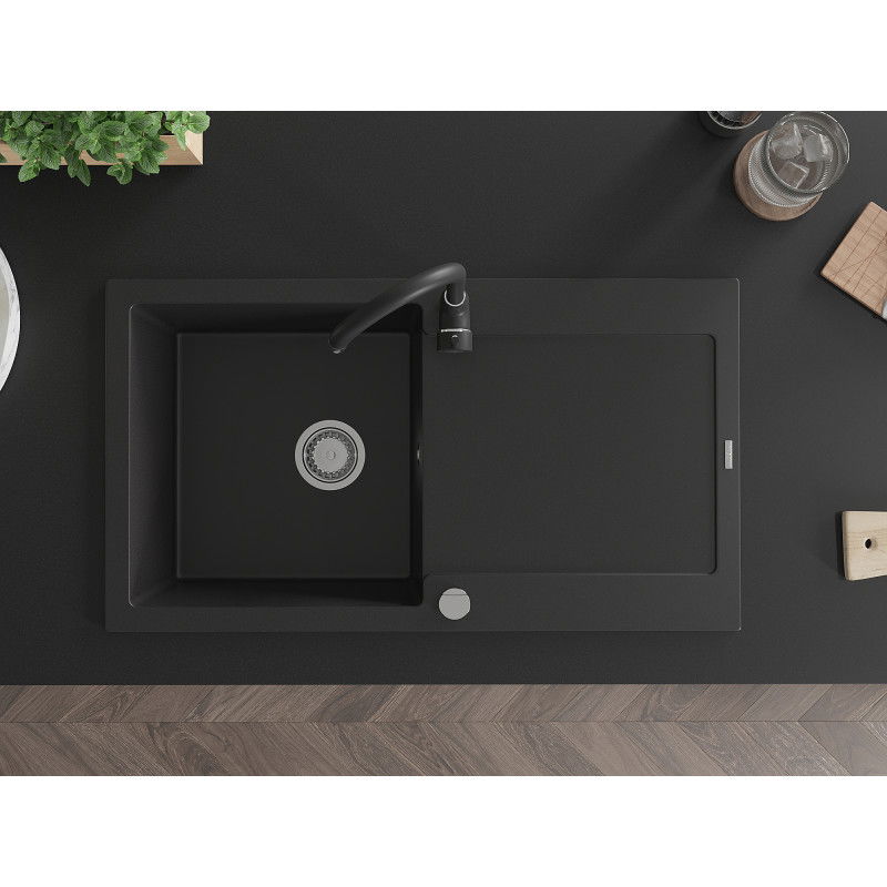 Mexen Leo гранитна мивка с 1 отделение и отцедник с кухненски смесител Telma, черен - 6501-77-670200-70