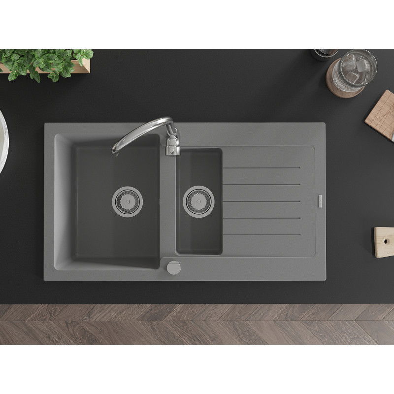 Mexen Matias гранитна мивка 1,5-камерна с отцедник и кухненски смесител Telma, сив - 6502-71-670200-00