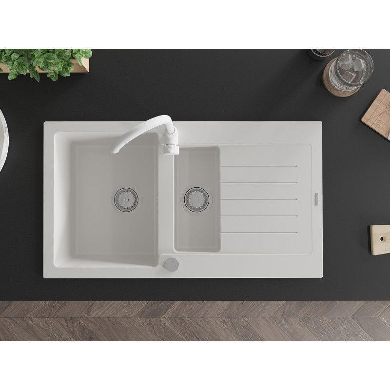 Mexen Matias гранитна мивка 1,5-камерна с отцедник и кухненски смесител Telma, бял - 6502-20-670200-20