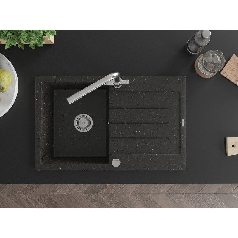 Mexen Bruno гранитна мивка с едно корито с отцедник и кухненски смесител Duero, черен/златист металик - 6513-75-671600-00
