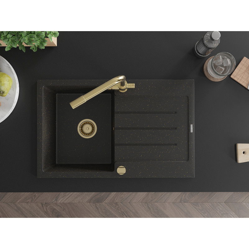 Mexen Bruno гранитна мивка с 1 отделение с дренаж и кухненски смесител Duero, черно/златист металик - 6513-75-671600-50