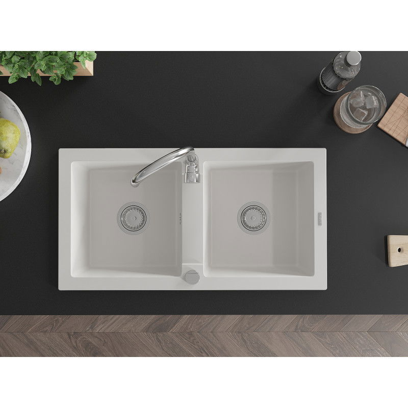 Mexen Mario гранитна мивка с 2 камери с кухненски смесител Telma, бяла - 6504-20-670200-00