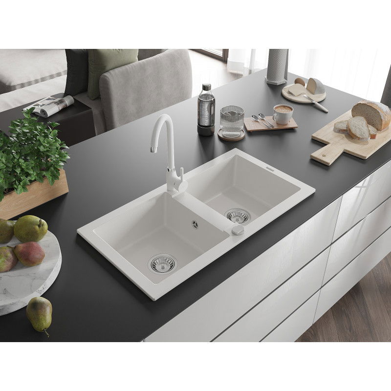Mexen Mario гранитна мивка с 2 камери с кухненски смесител Telma, бял - 6504-20-670200-20