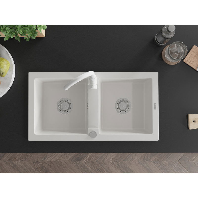 Mexen Mario гранитна мивка с 2 камери с кухненски смесител Telma, бял - 6504-20-670200-20