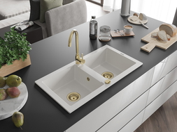 Mexen Mario гранитна кухненска мивка с 2 камери с батерия Telma, бяла