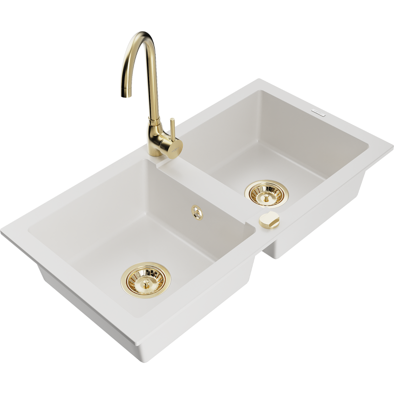 Mexen Mario гранитна кухненска мивка с 2 камери с батерия Telma, бяла