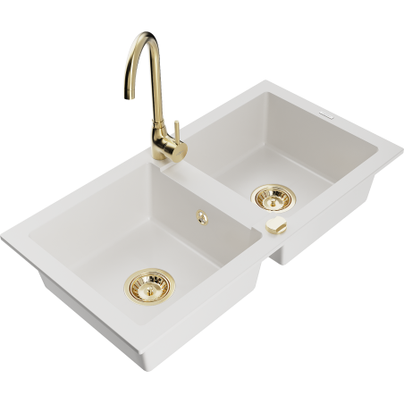 Mexen Mario гранитна кухненска мивка с 2 камери с батерия Telma, бяла