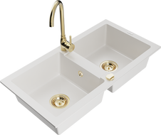 Mexen Mario гранитна кухненска мивка с 2 камери с батерия Telma, бяла