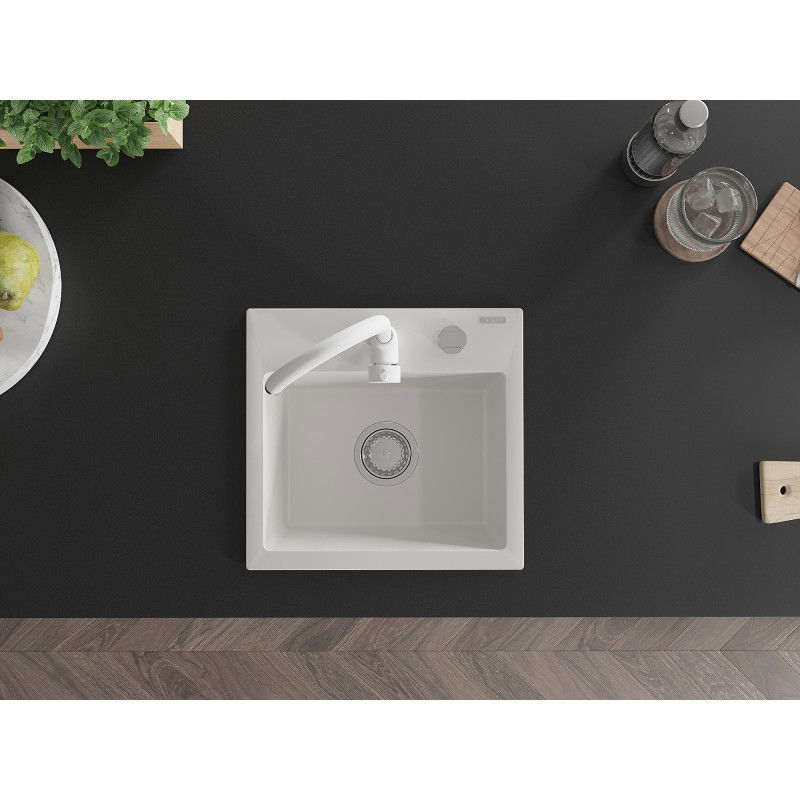 Mexen Milo гранитна мивка с 1 отделение и кухненски смесител Telma, бял - 6505-20-670200-20