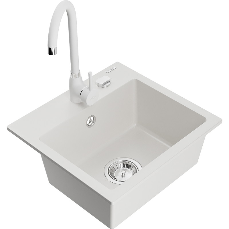 Mexen Milo гранитна мивка с 1 камера и кухненски кран Telma, бял - 6505-20-670200-20