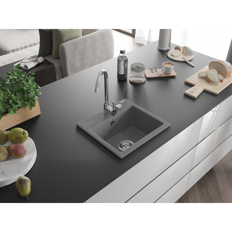 Mexen Milo кухненска мивка от гранит с 1 камера с кухненски смесител Telma, сив - 6505-71-670200-00