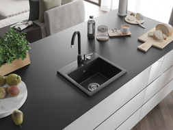 Mexen Milo гранитна мивка с 1 отделение и кухненски смесител Телма, черен/златен - 6505-75-670200-70