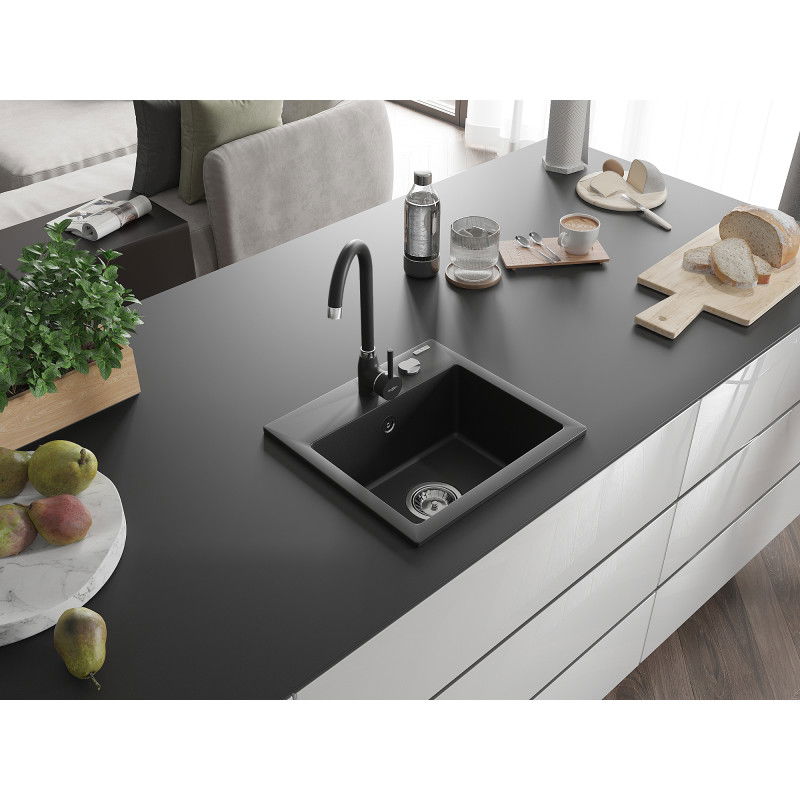Mexen Milo гранитна кухненска мивка с 1 корито с кухненски смесител Telma, черен - 6505-77-670200-70