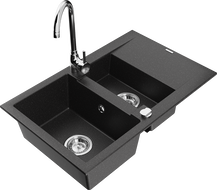 Mexen Gaspar гранитна мивка 1,5-камерна с отцедник и кухненски смесител Telma, черен/сребърен - 6507-73-670200-00
