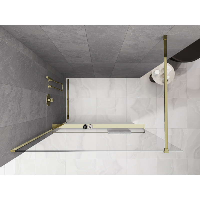Mexen Kioto+ преградна стена за душ с рафт Walk-in 70 x 200 cm, бяла омбре 8 mm, златна