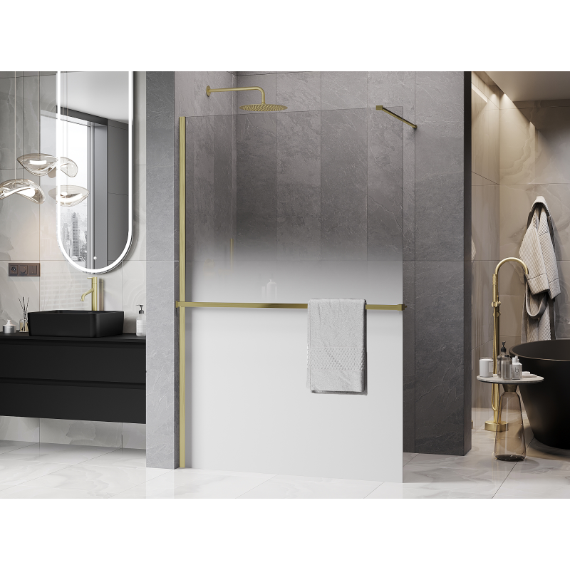 Mexen Kioto+ душ кабина със стойка Walk-in 130 x 200 см, омбре бяла 8 мм, златна