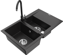 Mexen Gaspar гранитна мивка 1,5-камерна с отцедник и кухненски смесител Telma, черен / сребрист - 6507-73-670200-70