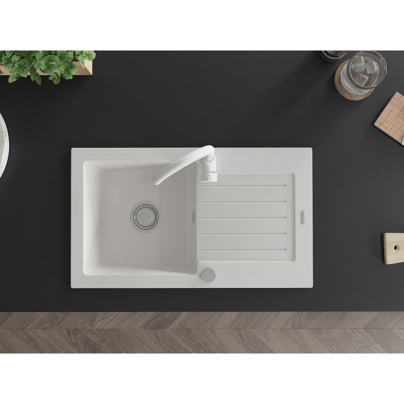 Mexen Pablo гранитна мивка с 1 отделение с отцедник и кухненски смесител Telma, бял - 6510-20-670200-20