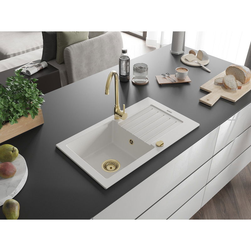 Mexen Pablo еднокамерен гранитен мивка с изсушител и кухненски смесител Telma, бял - 6510-20-670200-50