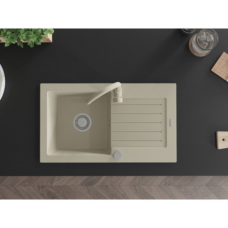 Mexen Pablo гранитна мивка с 1 корито с отцедник и кухненски смесител Telma, бежов - 6510-69-670200-69