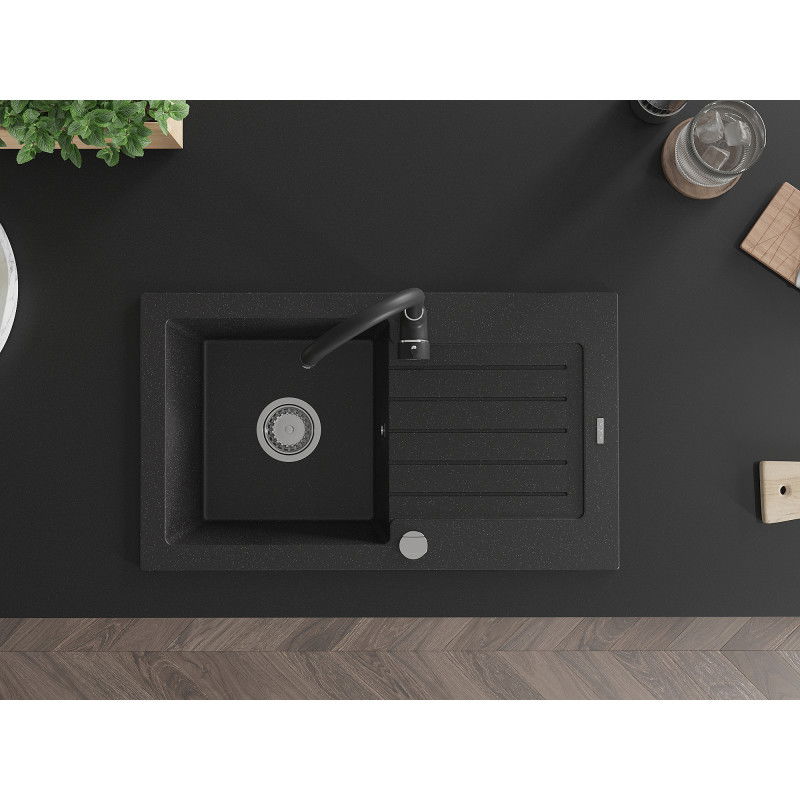 Mexen Pablo гранитна мивка с 1 отделение с дренаж и кухненски смесител Telma, черно/сребърно - 6510-73-670200-70