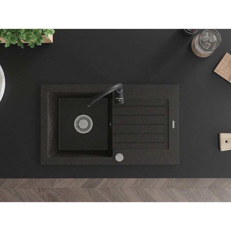 Mexen Pablo гранитна кухненска мивка с 1 корито и отцедник и кухненски смесител Telma, черно/златно - 6510-75-670200-70