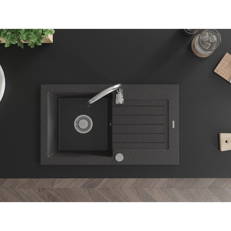 Mexen Pablo гранитна мивка с 1 отделение с отцедник и кухненски кран Telma, черен на пръски - 6510-76-670200-00