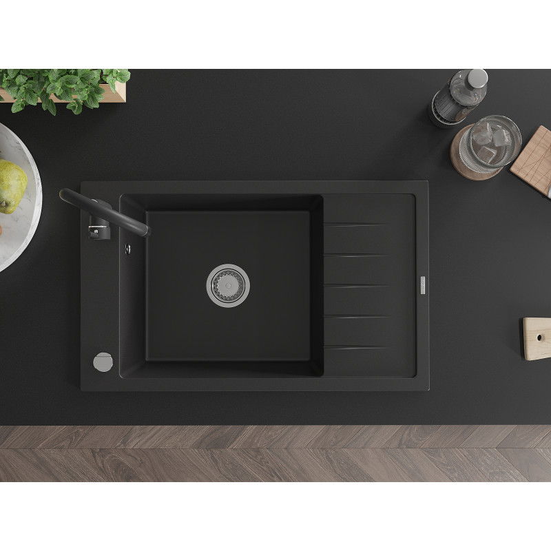 Mexen Elias гранитна мивка с 1 отделение и отцедник и кухненски смесител Telma, черен - 6511-77-670200-70