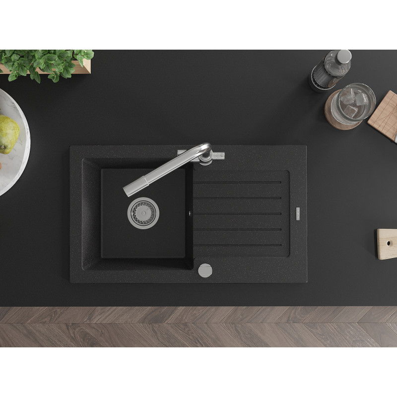 Mexen Pablo гранитна мивка с 1 отделение и отцедник и кухненска батерия Duero, черен/сребърен металик - 6510-73-671600-00