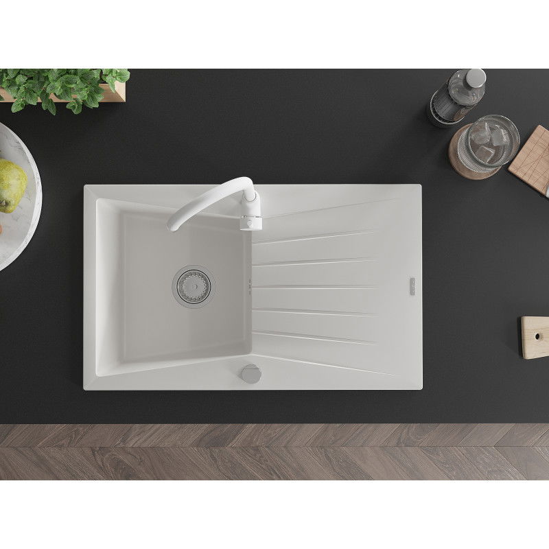 Mexen Cesar гранитна мивка с 1 камера, сушилник и кухненски смесител Telma, бял - 6514-20-670200-20