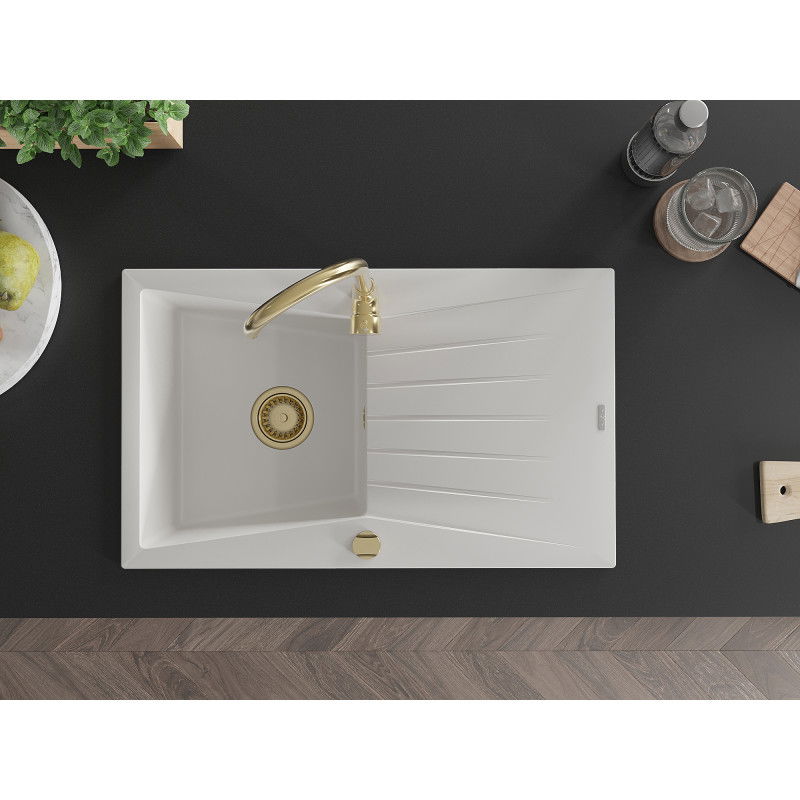 Mexen Cesar мивка от гранит с 1 отделение с дъска и кухненски смесител Telma, бял - 6514-20-670200-50