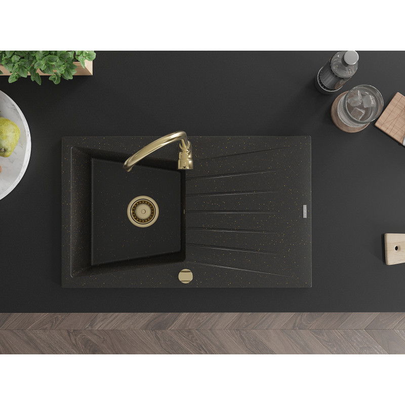 Mexen Cesar гранитна кухненска мивка 1-компонентна с отцедник и кухненски смесител Telma, черно/златно - 6514-75-670200-50